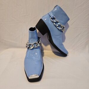 Rare Blue Cuban Chelsea Faux Leather Boots Silver Chain Men Sz 7